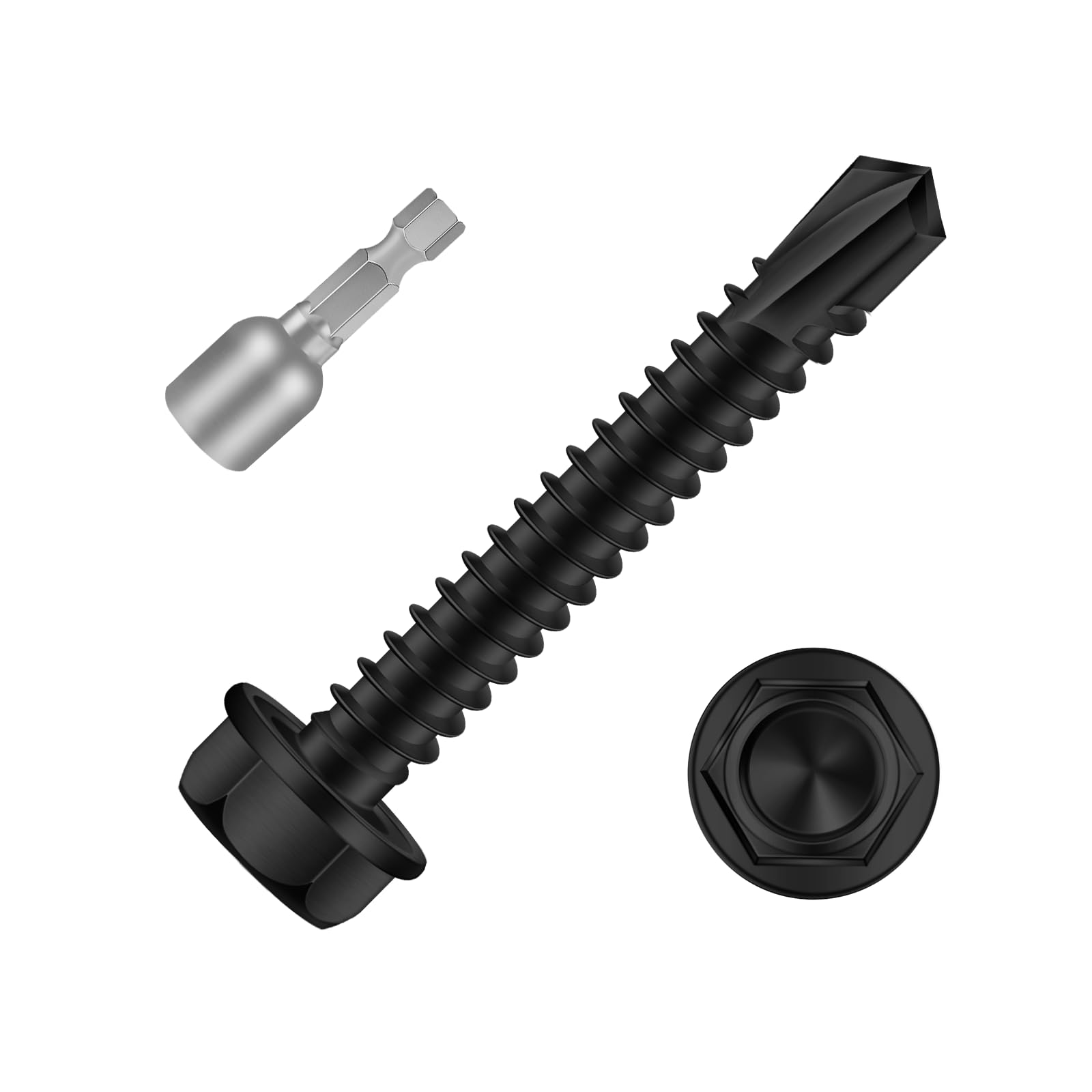 Mellewell #14 x 1-1/2" Hex Washer Head Self Drilling Screws, Self Tapping Sheet Metal Screws, 410 Stainless Steel, Black Finish, 25 PCS