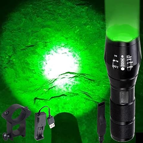 VASTFIRE 350 Yard Green Hunting Light Zoomable Flashlight Hog Predator Lights with Pressure Switch Picatinny Rail Mount 1 Inch to 30mm Scope Mount Gift Carrying Case Cover