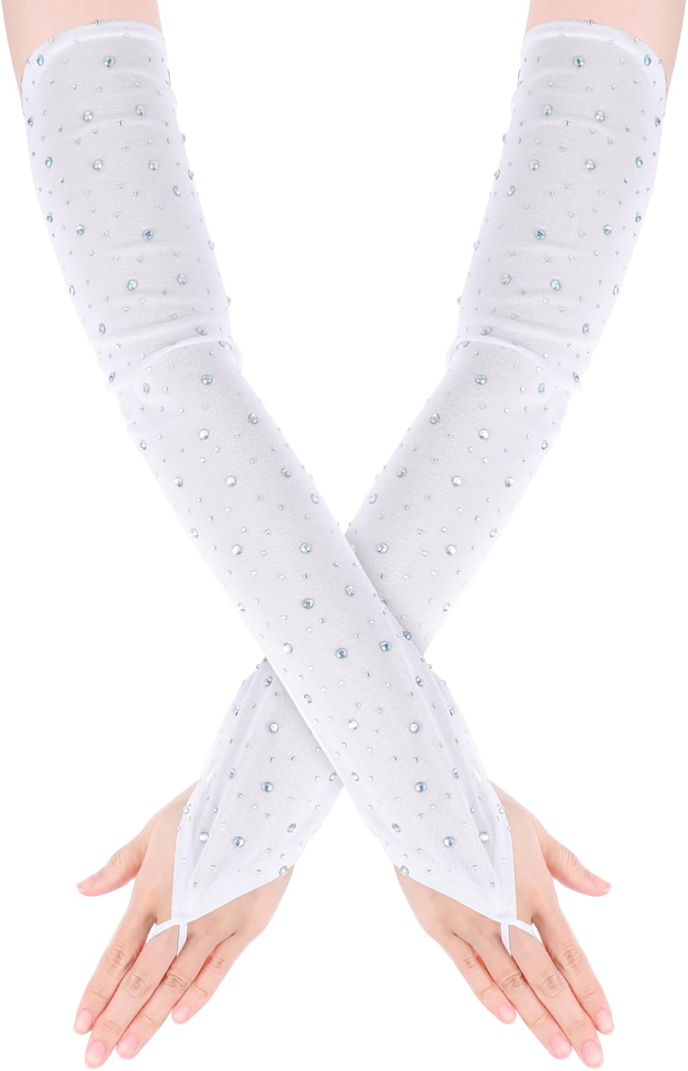 Yolev Rhinestone Fingerless Gloves Lace Gloves Elbow Length Long Tulle Mesh Tea Party Halloween Wedding Bridal - Image 7