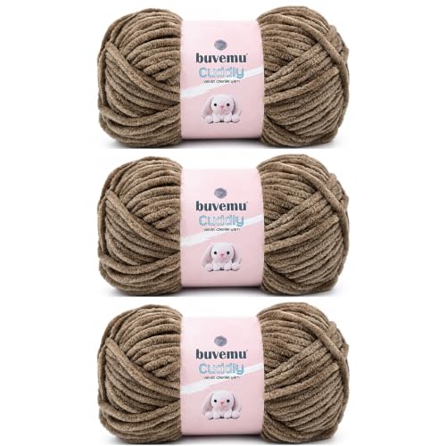 Image of Cuddly Velvet Chenille Yarn, Super Soft Bulky, Beige Taupe, 3-Pack
