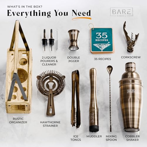 BARE BARREL® Mixology Bartender Kit Bar Set | Martini Cocktail Shaker Set | Barware Mixing Tools for Home Bartending | Farmhouse Rustic Portable Caddy & 35 Recipe Cards | Gift Set (Brushed Brass)