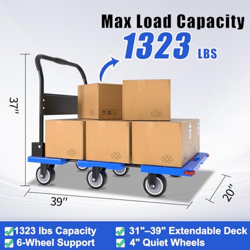 Image of WUD 1323 lbs Heavy Duty Folding Platform Cart with Extendable Deck (31''-39''), 6-Wheel Support, 4'' Quiet Casters, Thick Reinforced Flatbed Dolly for Warehouse, Garage & Moving