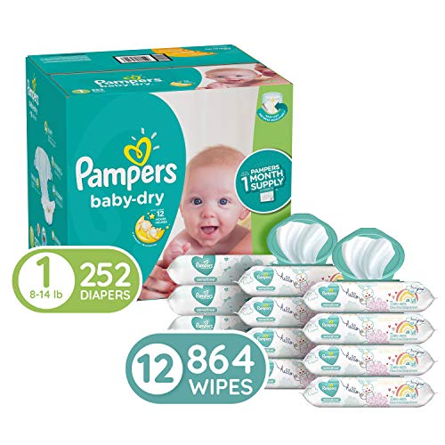 Diapers Newborn/Size 1, 252 Count (8-14 lb) - Pampers Baby Dry Disposable Baby Diapers, ONE Month Supply with Pampers Sensitive Water Baby Wipes, 12X Pop-Top Packs, 864 Count