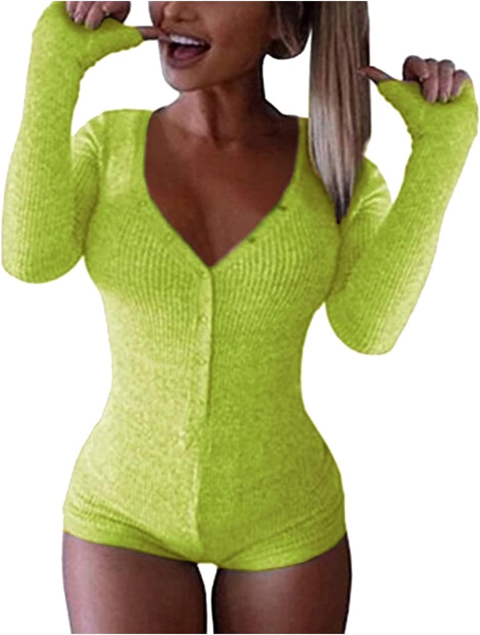 Roselux Women's Sexy Deep V Neck Shorts Long Sleeve Knitted One Piece Bodysuit Sexy Pajama Onesie Bodycon Rompers Overall