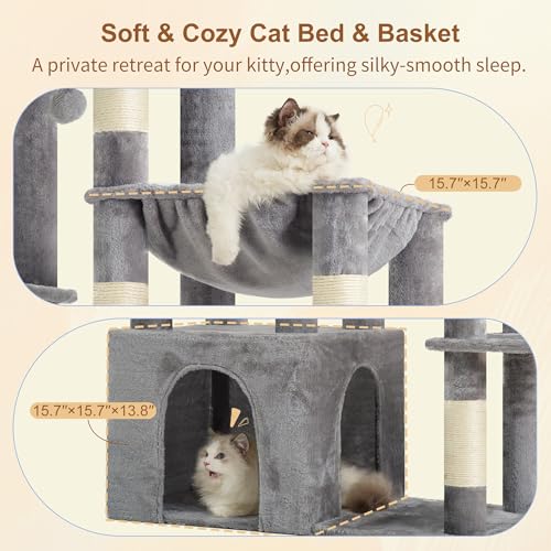 Image of Heybly Heavy Duty Cat Tree, Tower for Indoor Cats Large Adult, Tall Cat Condo House with Extra-Large Baseboard, Multi-Level Plush Furniture with Scratching Posts, Hammock,Toy Balls,Light Gray HCT026W