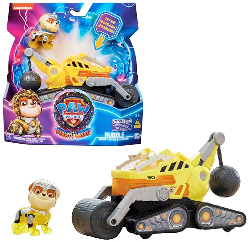 Spin Master PAW Patrol: Der Mighty Kinofilm Superhelden-Basis-Fahrzeug von Rubble mit Welpenfigur Baustellenfahrzeug mit Licht- und Geräuscheffekten Spielzeug geeignet für Kinder ab 3 Jahren