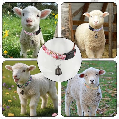 Image of 5 Pack Goat Collars with Bells, Adjustable Nylon Collar Set pet and Horse Sheep Grazing Copper Bells Pet Anti-Lost Loud Bronze Bell for Small Farm Animal Sheep Goat Cow Accessories(Floral)