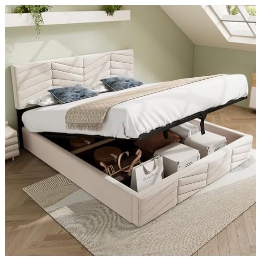Zepneiy Lit 140 x 190 avec Sommier, Lit Coffre 140 x 190 avec tête de lit réglable en Hauteur, Lit Double avec à Lattes Lit, Lit Rembourré Cadre de lit Moderne 140x190, Velours Beige(sans Matelas)