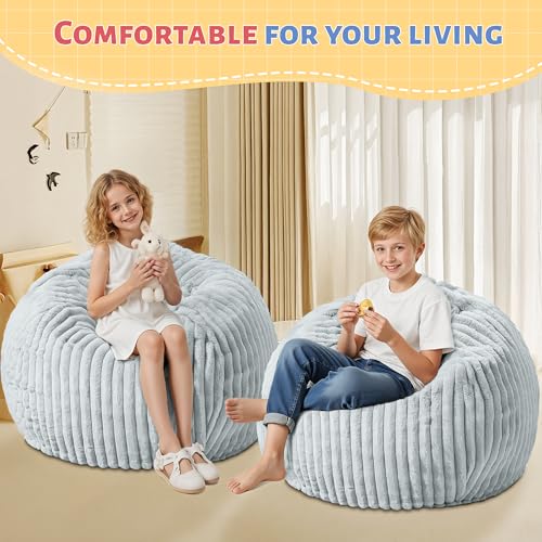 Image of HABUTWAY 2FT Bean Bag Chair, 2' Bean Bag Chairs with Memory Foam Filled, Small Comfy Beanbag Chair with Stripe Plush Cover for Living Room Bedroom Dorm,Light Grey