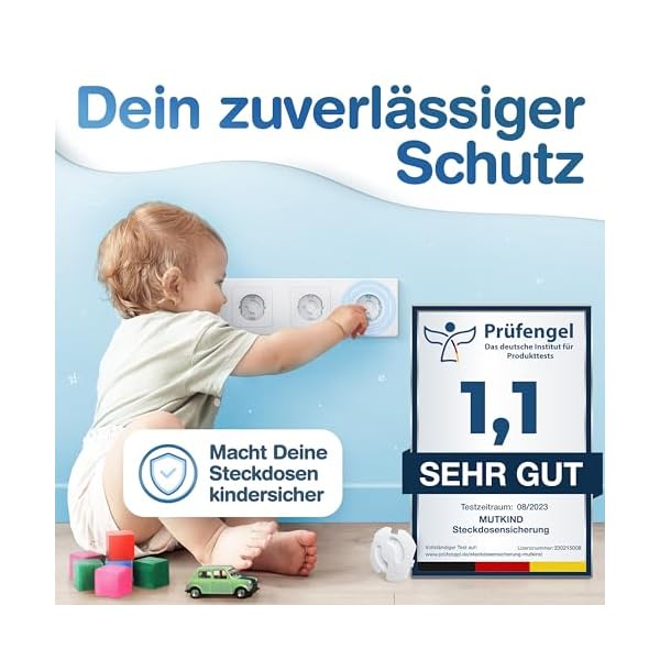MUTKIND Steckdosen Kindersicherung - [Mit Kleber von TESA] Steckdosenschutz mit doppelten Halt - Zum Schutz für Babys und Kinder - Passend für jede Steckdose in DE - 25 Stk. Steckdosensicherung Baby – Bild 3