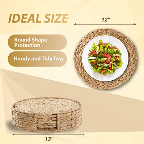 Image of Woven Placemats, 12 inch Round Placemats, Rattan Placemats with Round Holder, Wicker Water Hyacinth Placemats, Round Braided Placemats Set Heat Resistant /Anti-Slip /Durable for Dinner Plate, Kitchen