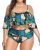 Wavely Woman Two Piece Plus Size Flounce Off Shoulder Tropical Print Bikini Top with High Waist Swimsuit Bottom (1X(US 18W), Green 1)
