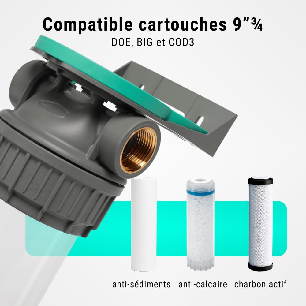 ECOSOFT Porte filtre eau double 9’’3/4 3P, connexion 3/4'', support de fixation, clé, conçu pour une filtration de l’eau du robinet facile, sûre, fabrication européenne