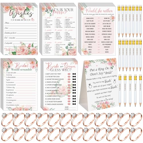 Sosation 331 Pcs Bridal Shower Games Supplies, 5 Sets (50 Cards Each) Wedding Games Cards, 1 Put a Ring on It Bridal Shower Game with 60 Rings and 20 Team Pencils for Wedding Engagement(Flowers)