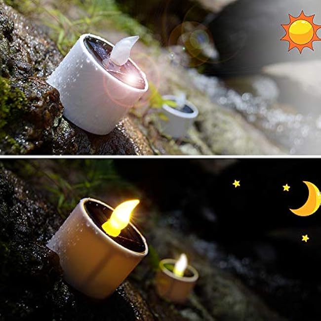 SoulBay 6pcs Solar Power Tea Lights Outdoor Candle Flameless Flicker IP65 Waterproof Rechargeable LED Candles with Dusk to Dawn Sensor for Lantern Garden Camping Party Home Decorations, 2.3 x 2