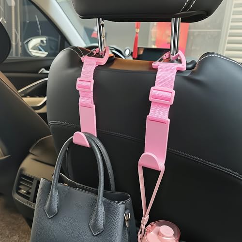 Image of Amooca 4 Pack Anti-drop Headrest Hooks Adjustable Car Seat Organizer | Universal Fit with Clip, Hanger for Backpack Umbrella Water Bottle Coat Purses Handbags Groceries, 40lb Heavy Duty, Pink
