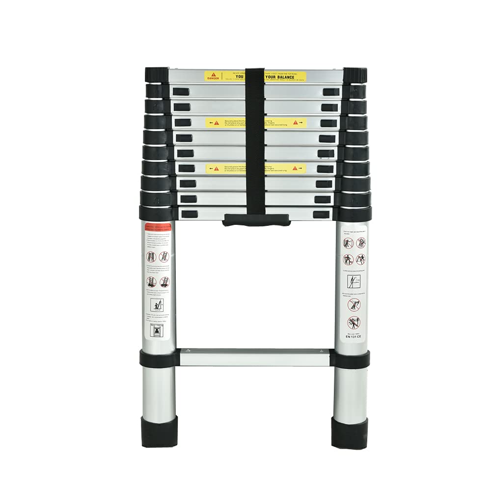 Qimu Silver 10.5Ft 3.2M Extendable Alminium Ladders Telescopic Loft Ladder Folding Extending Portable 11 Steps Loft Extension Ladder, Great For Cleaning Gutters, Decorating, Painting Walls