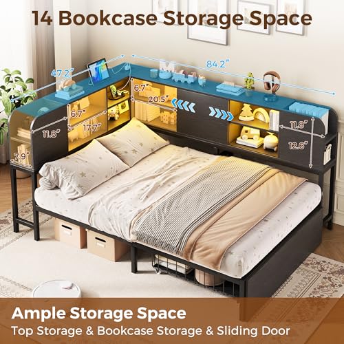 Image of Twin Corner Bed Frame with 2-Tier Bookcase Storage and LED Lights, Adjustable Shelves Corner Bed with Storage Drawers and Charging Station, Twin Daybed for Living Room, Guest Room & Bedroom, Black