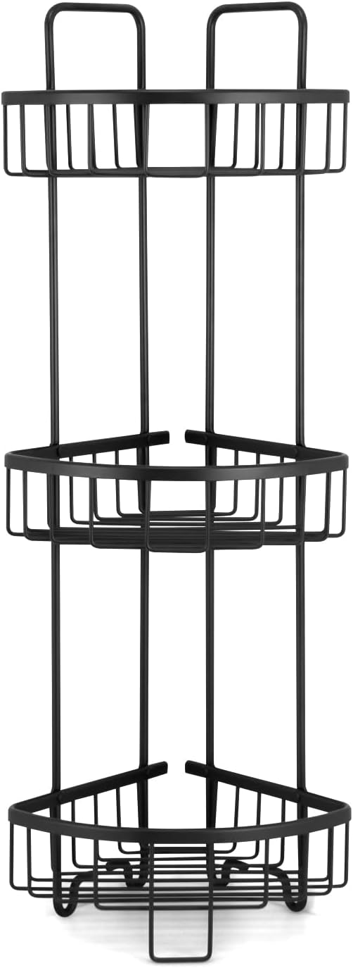Duwee Standing Free Shower Caddy, Rustproof Floor Caddy for Bathroom/Kitchen, 3-Tier Aluminum Corner Shower Rack(Black)