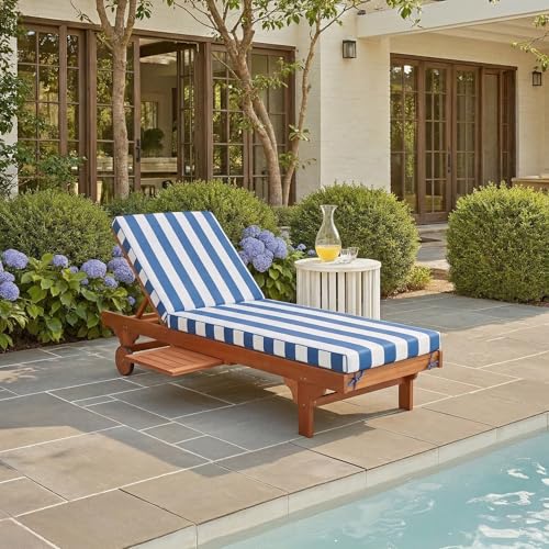 Image of SAFAVIEH Outdoor Collection Newport Natural / Blue & White Stripe Cushion Built-in Side Table Adjustable Chaise Lounge Chair