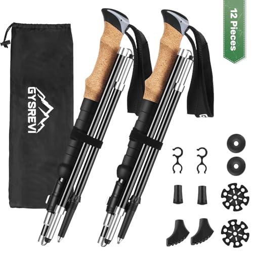 Gysrevi Wanderstöcke Trekkingstöcke Walking Stöcke 7075 Aluminium Wanderstock verstellbar 110-130cm und Klemmverschluss mit Korkgriff 4 Paar Gummipuffers für Trekking
