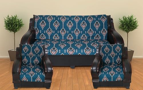 Image of 5 Seater Sofa Cover | Universal Non-Slip Fully Covered Protector for 3+1+1 Sofa Set | Durable Slipcover for Living Room Royal Leaf Motif (Teal Elegance)