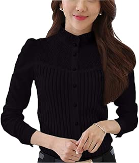 DPO Women's Vintage Collared Pleated Button Down Shirt Long Sleeve Lace Stretchy Blouse - coolthings.us