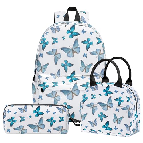3PCS Girls Boys Backpack, Kids School Backpack with Lunch Box Pencil Case Set, Cute Butterfly Backpack for Girls Teens Back To School, 17