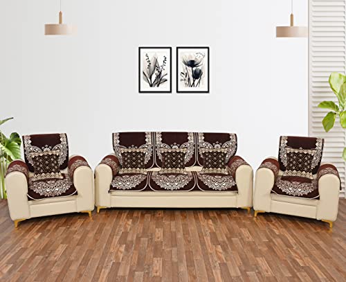 Image of 5 Seater Sofa Cover Set (3+1+1) with Armrest & Cushion Covers - Premium Stretchable Fabric, Anti-Slip, Soft & Washable Couch Cover for Living Room - (Coffee Brown)