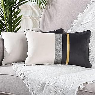 YAERTUN Pack of 2 Patchwork Velvet Lumbar Decorative Throw Pillow Cover with Gold Striped Leather Cushion Cases Modern Luxury Pillowcases for Couch Sofa Bed 12x20 Inches Grey