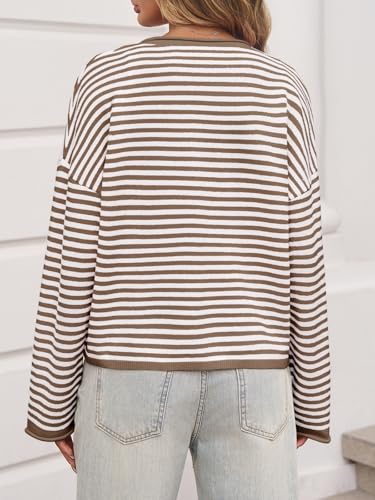 Image of Saodimallsu Womens Striped Cardigan Casual Long Sleeve Open Front Button Down Loose Knit Lightweight Fall Sweaters