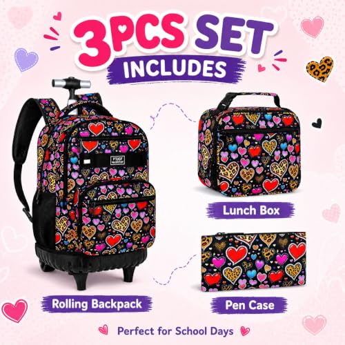 Image of 3Pcs Rolling Backpack for Girls Women, Leopard print Travel Roller Backpacks with Wheels for Adults, Teens College Wheeled Bookbag with Lunch Box(Brown)