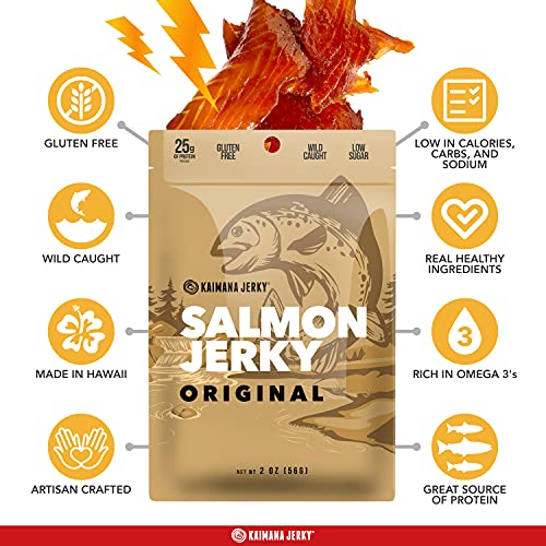 Kaimana Jerky Wild Caught Salmon Jerky - Organic Gourmet Smoked Dried Fish Strips Rich in Omega-3 & Protein - Low-Calorie Seafood Snack with No Gluten, Less Sodium & Sugar - Original Flavor - 3/2oz Pack