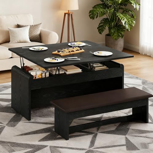 Homiflex Coffee Table Lift Top, 40 Inch Multi-Function Coffee Tables Set with Bench and Hidden Compartment, Dining Table w/Curved Corner, Converts to Home Office Table, Center Table for Living Room