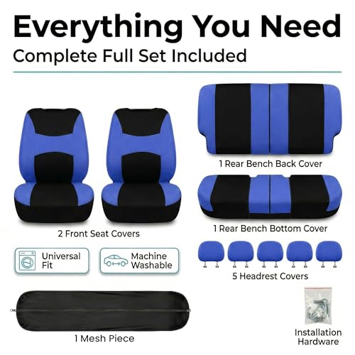 Image of FH Group Car Seat Covers Rear Set Cloth - Universal Fit Automotive Seat Covers, Low Back Front Seat Covers, Solid Back Seat Cover, Washable Car Seat Cover for SUV, Sedan and Van Blue