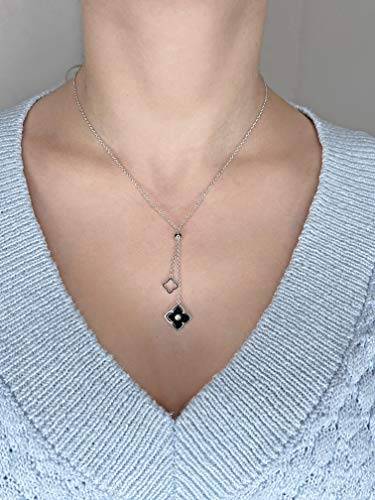 Lavari Jewelers Malachite, Black Onyx or Mother of Pearl and Cubic Zirconia Double Flower Pendant Necklace for Women - Gold Plated Sterling Silver Necklace for Her - 16 to 18 Inch Adjustable Chain2