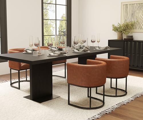 Image of HNY Mid Century Modern Upholstered Barrel Dining Chairs with Arms Set of 4, Leather Kitchen & Dining Room Chairs, 18.5 inch Wide Accent Chairs for Dining Room Living Room with Black Metal Frame, Brown
