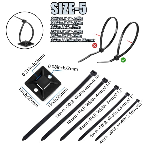 Zip Wire Ties 300Pcs Small Cable Zip Ties With Cable Mounts Nylon Zip Cable Ties Assorted Sizes 4+6+8+10+12 Inch, Self-Locking Tie Wraps Perfect For Home Garden Trellis Office Garage Workshop #TOP5