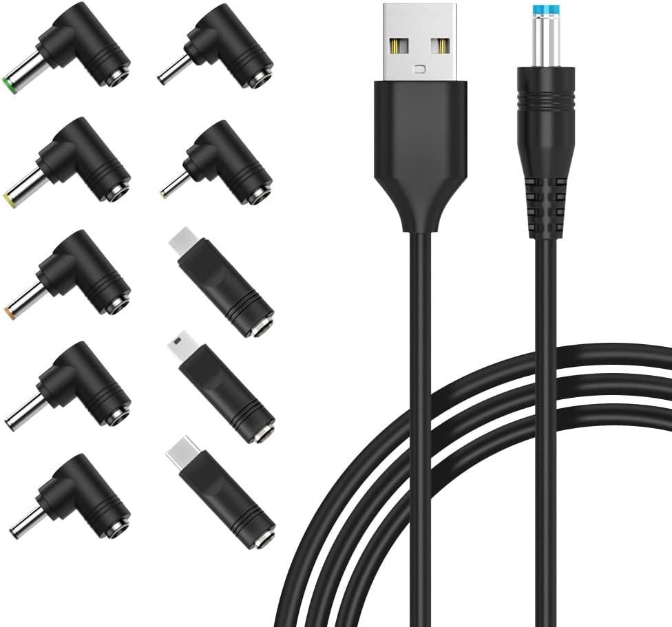 USB to DC Power Cable, Zolt Univeral 5V Power Cord DC 5.5 x 2.1mm barrel Jack Adapter with 10 Plugs, 5.5 x 2.5mm, USB Type C, Mirco USB, Mini USB, 4.8 x 1.7mm, 4.0 x 1.7mm and more