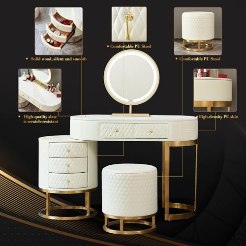 FUKAYI Modern Makeup Vanity - Vanity Desk with Mirror and Lights Stool, Make Up Vanity Station with 5 Drawers, Vanity Table Set, Gift for Her, White - Thumbnail 5