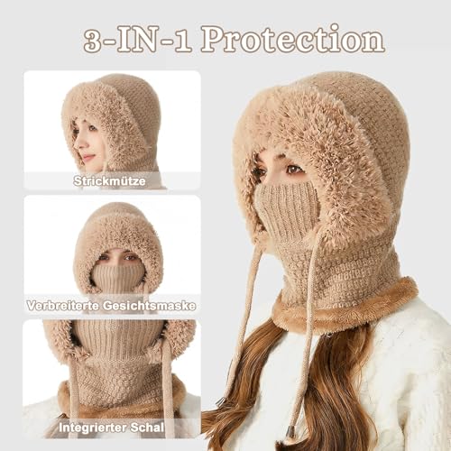 Youkly 3-in-1 Mütze für Damen, Winter Warme Strickmütze mit Schal & Gesichtsmaske, Damen Strick-Balaklava Winddichte Wintermütze für Outdoor Skifahren, Wandern, Wintergeschenk, khaki, Einheitsgröße