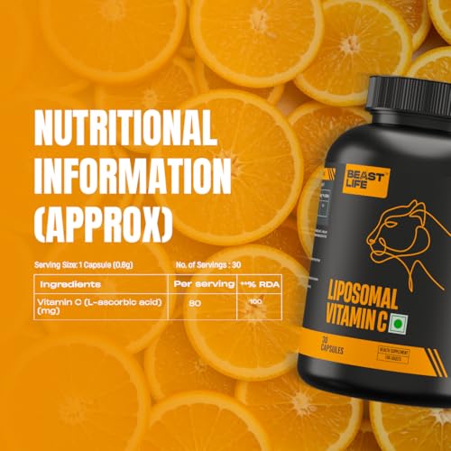Image of BeastLife Liposomal Vitamin C | Higher bioavailability | Neutralizes free radicals | Promotes firm skin Health | Improve cognitive function Immunity Support- Fast Absorption & Bioavailability | 30 Capsules