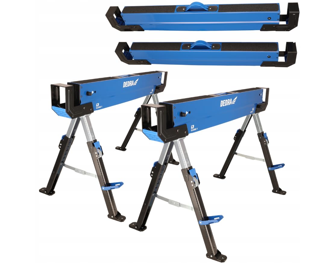 Dedra Juego de 2 caballetes de carpintero plegables N1103, altura regulable, carga máxima 1180 kg/par, acero, peso 18,9 kg, asa integrada, pies antideslizantes y superficie de trabajo