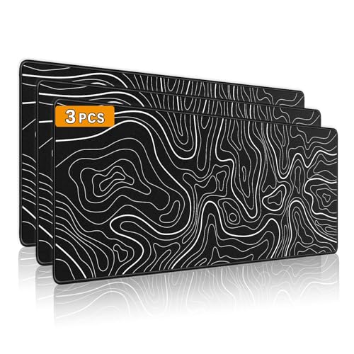 3 Pcs Large Gaming Mouse Pad 31.5 x 11.8in,Anti-Slip Rubber Base Mousepad, XL Keyboard Mouse Mat for Home/Office, Black with White Topographic Line
