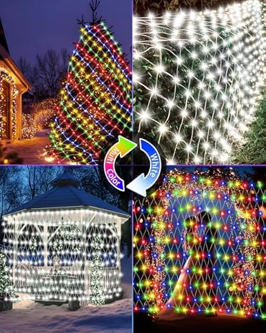 Christmas Net Lights 12ft x 5ft, 360 LED Outdoor Mesh Lights with 11 Modes, Waterproof Bush String Lights for Home Garden Yard Xmas Decorations Connecable, Timer (Cool White & Multicolor)