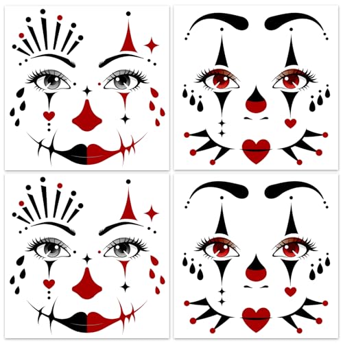 HOWAF 4 Sheets Clown Face Tattoos Halloween Costume Clown Full Face Temporary Tattoos for Mime Costume Accessories Horror Clown Red Black Fake Tattoos Stickers for Horror Party Decor Role Playing