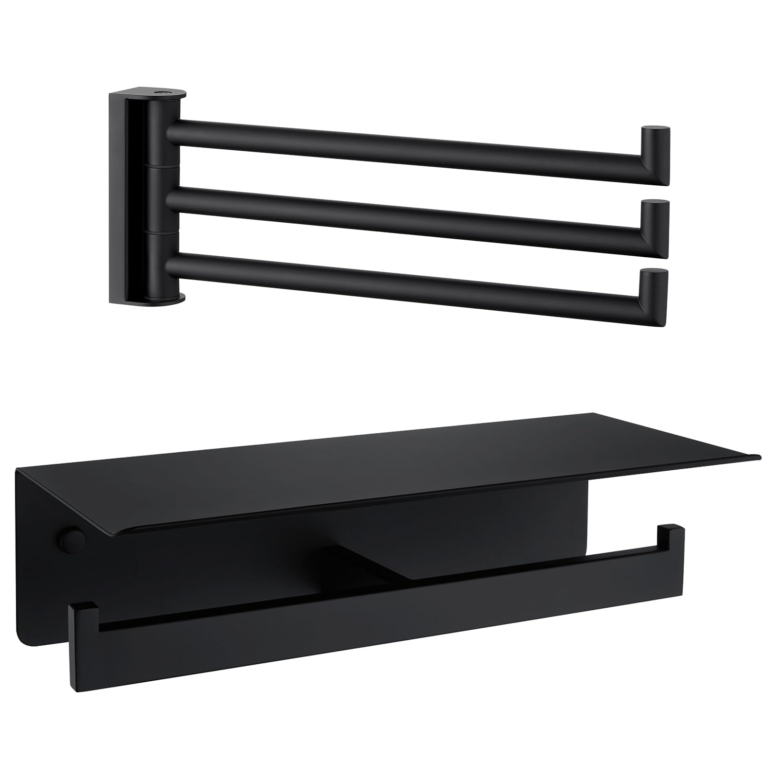 Angle Simple Swivel Towel Bar Bundle with Double Toilet Paper Holder with Shelf (Matte Black)