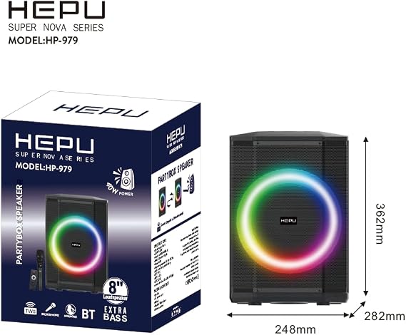 HEPU HP-979 Partybox Bluetooth Hoparlör – 8” Hoparlör 40W Güç RGB Işık TWS Destekli