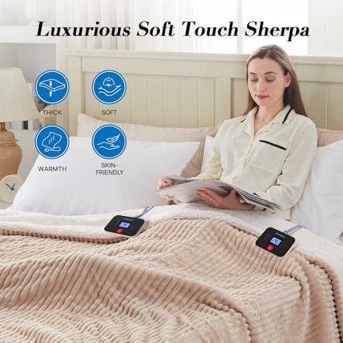 Westinghouse Queen Size Electric Blanket, Flannel to Sherpa Reversible, Heated Blanket Queen with Dual Control 10 Heating Settings & 1-12 Hours Auto Shut Off, Machine Washable, (84" x 90", Beige)