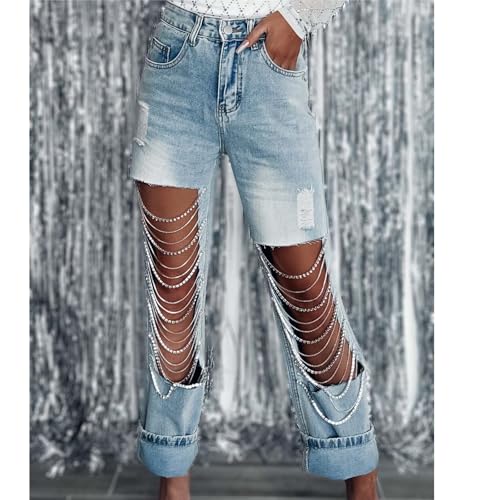 Women's High Waist Straight Leg Jeans Baggy Ripped Metal Chain Distressed Denim Pants2